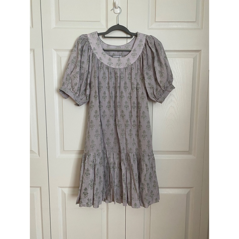 Olivia James The Label Floral Block Print Puff Sleeve Tiered Mini Dress Purple M